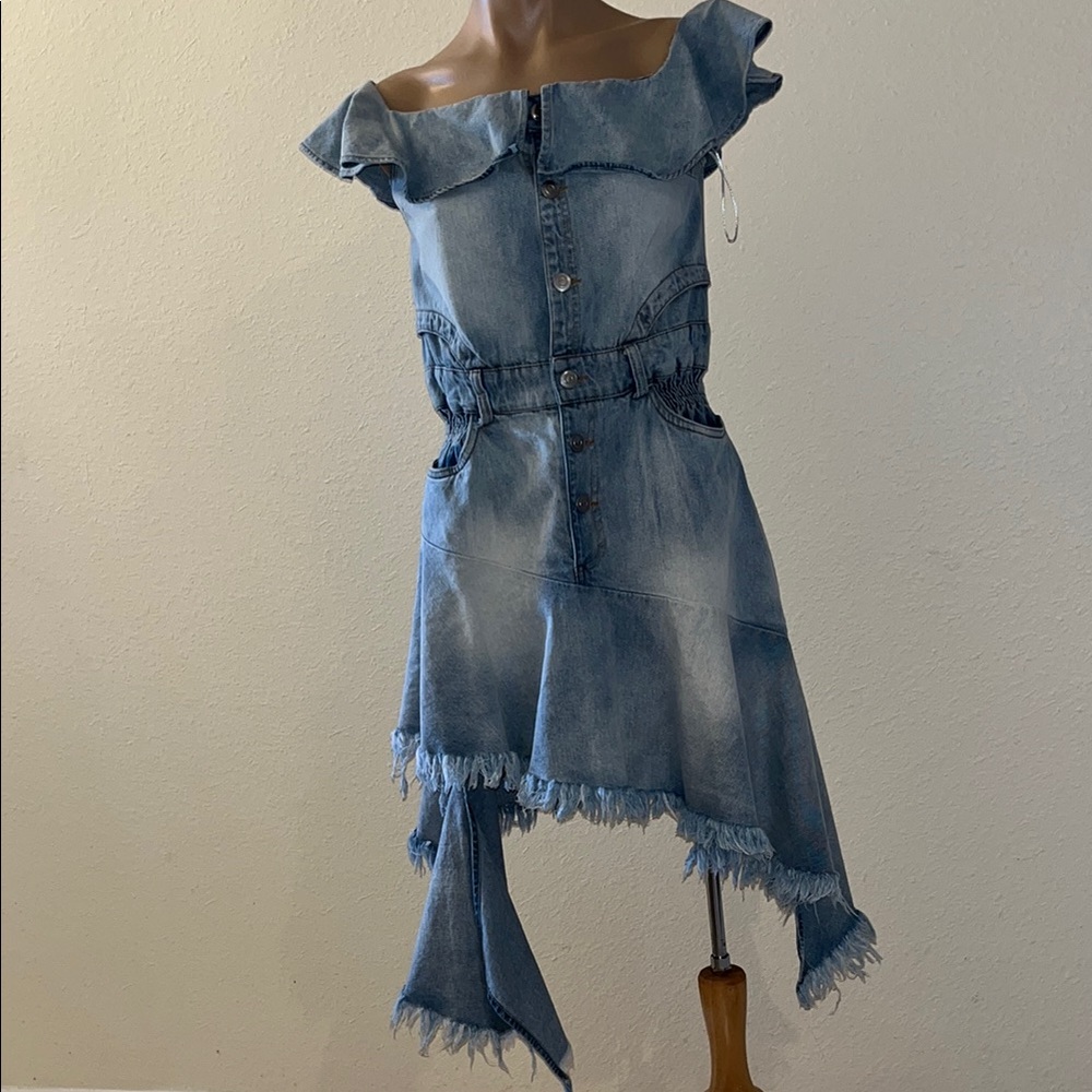 Denim Off-Shoulder Asymmetrical Frayed Dress